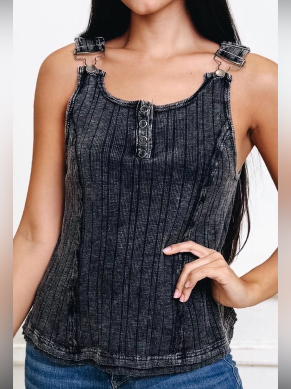 NWOT Oli & Hali Mineral Washed Black Ribbed Overall-Style Tank